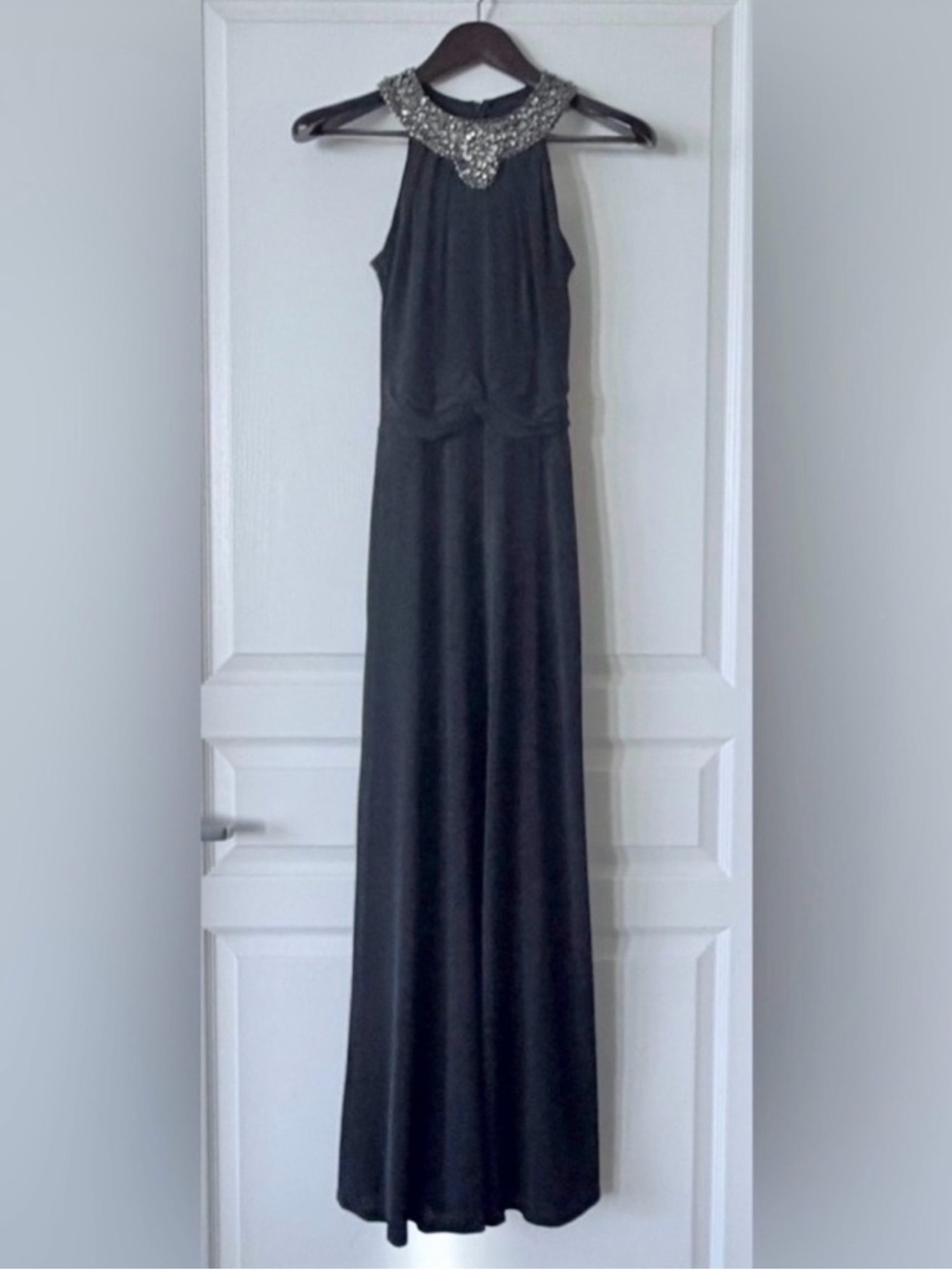 David Meister Black Maxi Gown with Beaded Collar